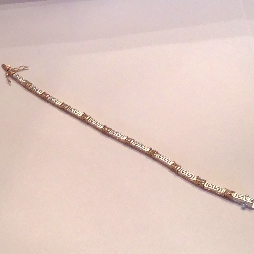New Fashion Greek Motif Bracelet.7”L Silver Tone Clear CZ’S,gold tone accents